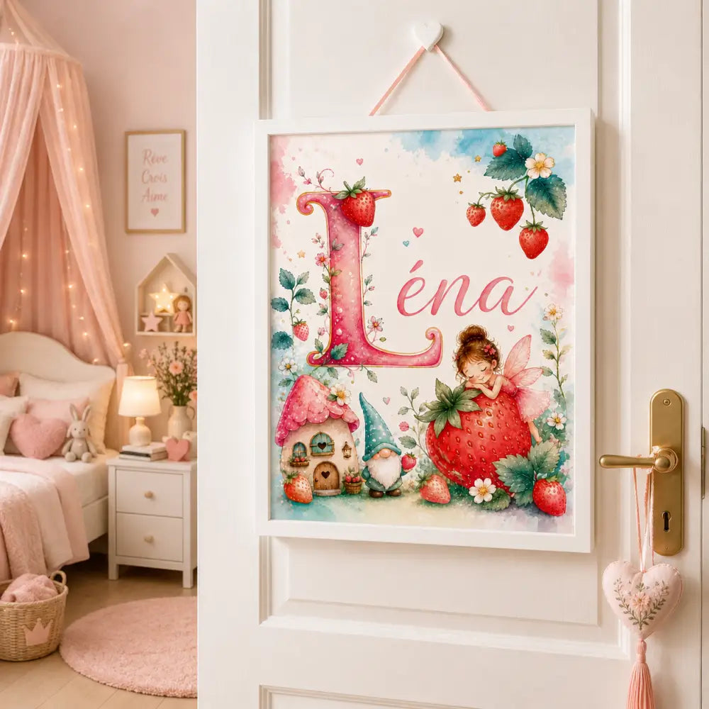 Affiche prénom personnalisée fille avec lettre rose thème fraise et prénom fille