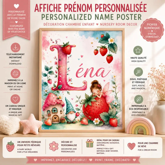 Affiche prénom personnalisée chambre bébé avec lettre l rose décorée de fraises et illustrations féeriques