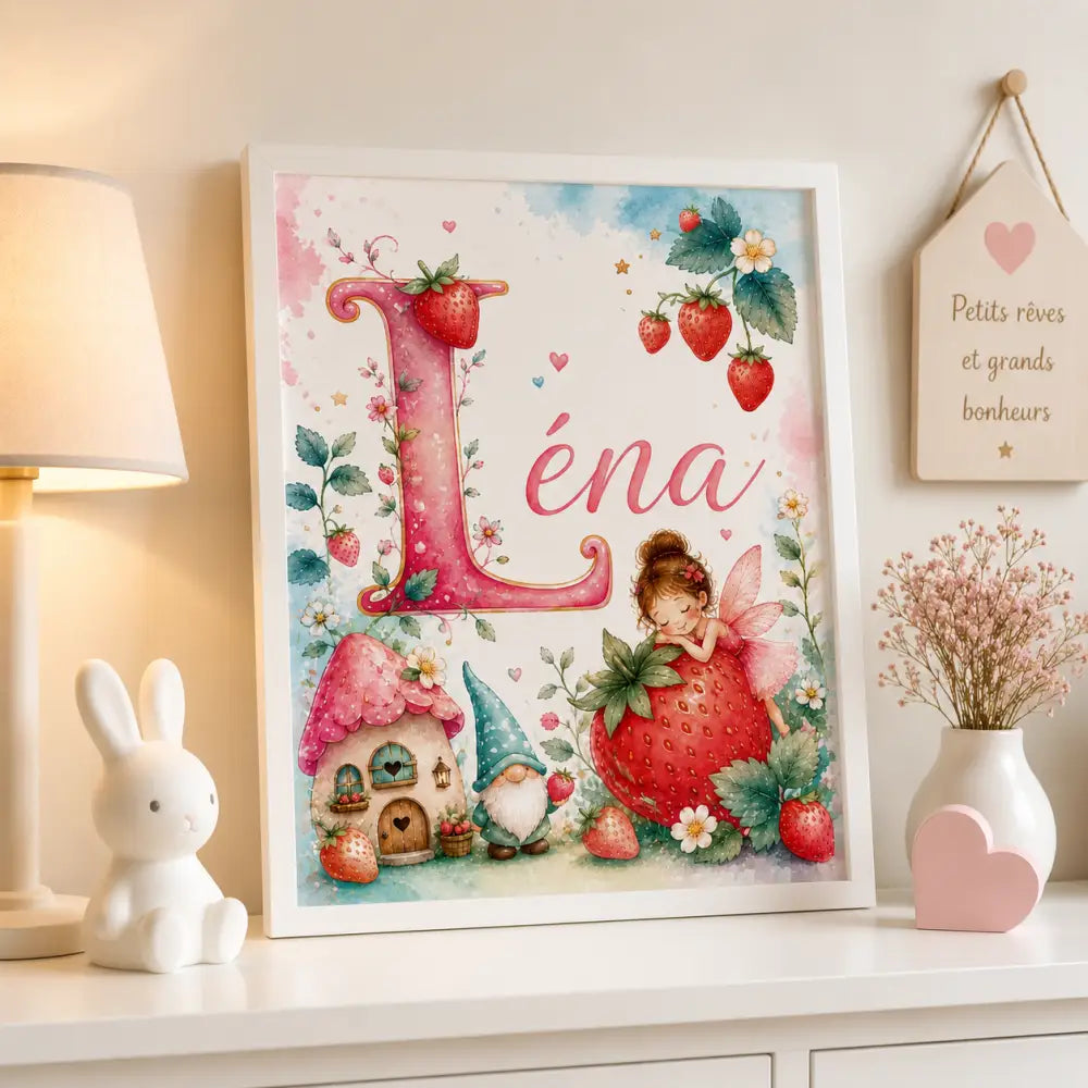 Affiche prénom personnalisée léna rose et fraise avec détails floraux pour décoration chambre bébé