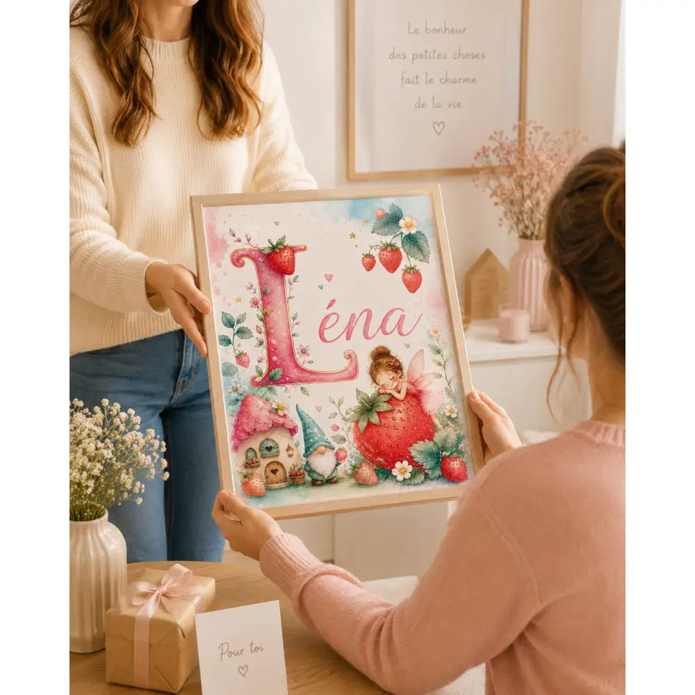 Affiche prénom personnalisée pour chambre bébé avec illustration fraise rose et nom léna entouré de lutins joviaux