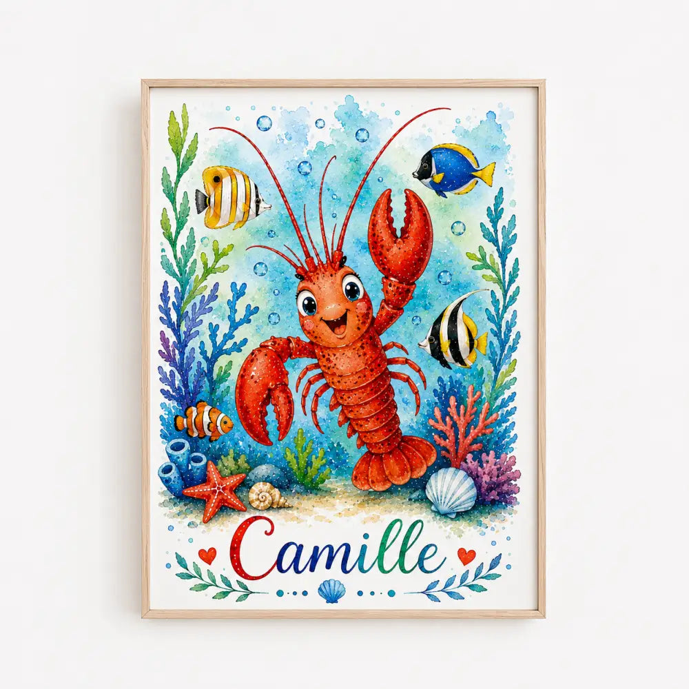Illustration joyeuse de homard rouge dans un univers marin coloré pour affiche prénom personnalisée enfant cadeau naissance original