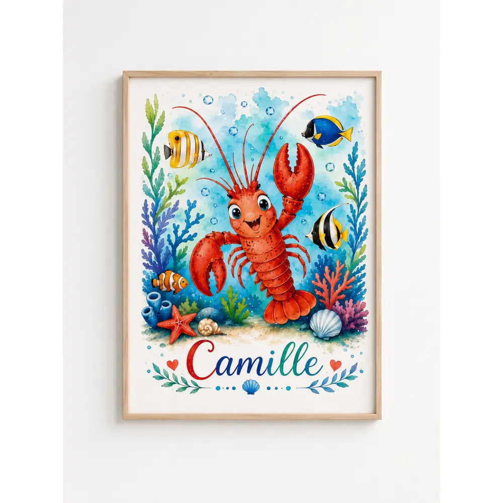Affiche prénom personnalisée enfant avec homard rouge vif et poissons tropicaux pour cadeau naissance 