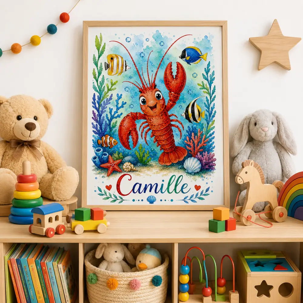 Affiche prénom personnalisée enfant univers marin avec homard rouge et prénom camille cadeau naissance original pdf à imprimer