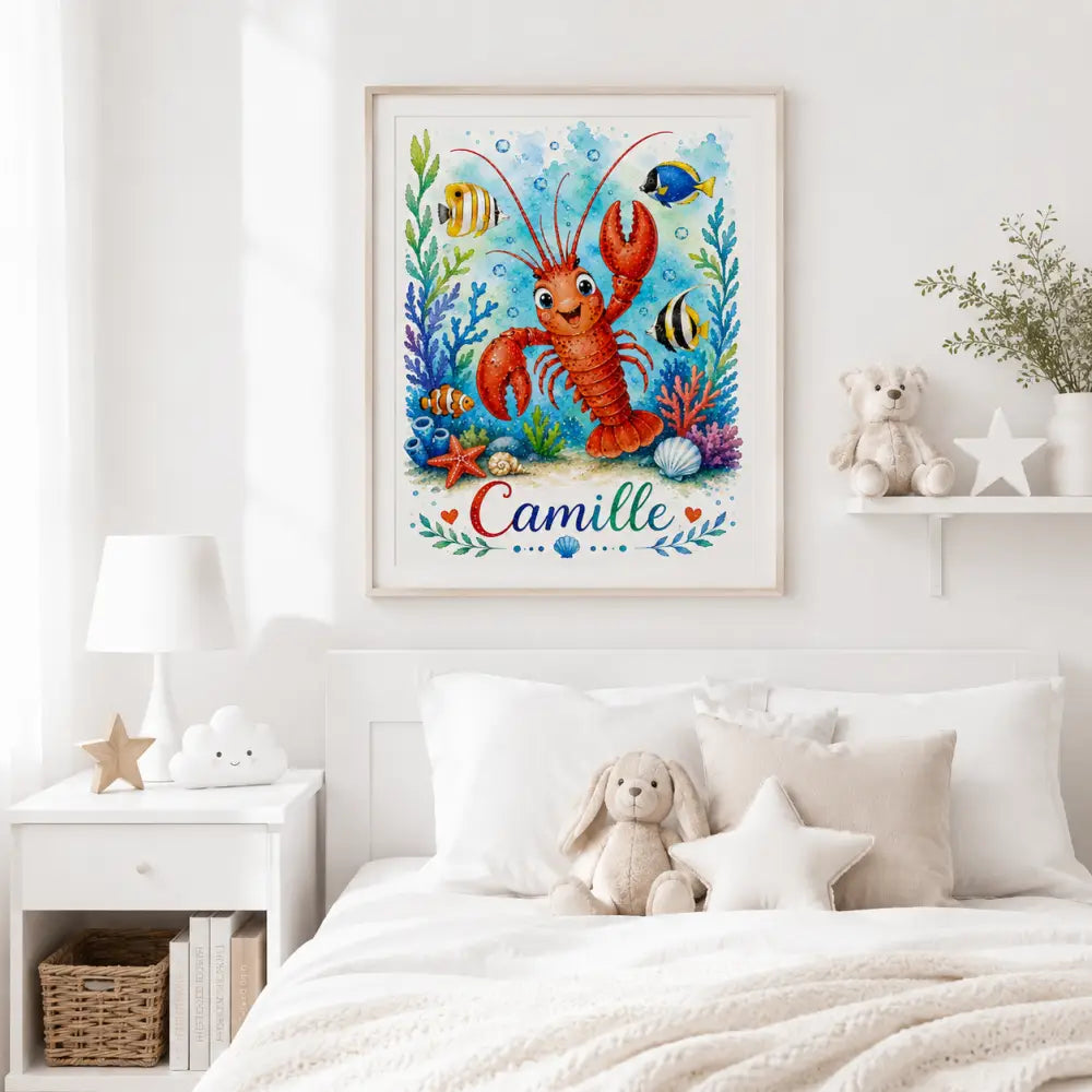 Illustration vibrante de homard rouge avec poissons tropicaux dans une affiche prénom personnalisée