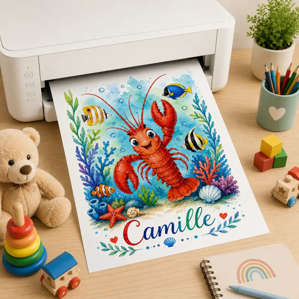 Affiche prénom personnalisée enfant univers marin avec illustration rouge de homard entourée de vie marine colorée