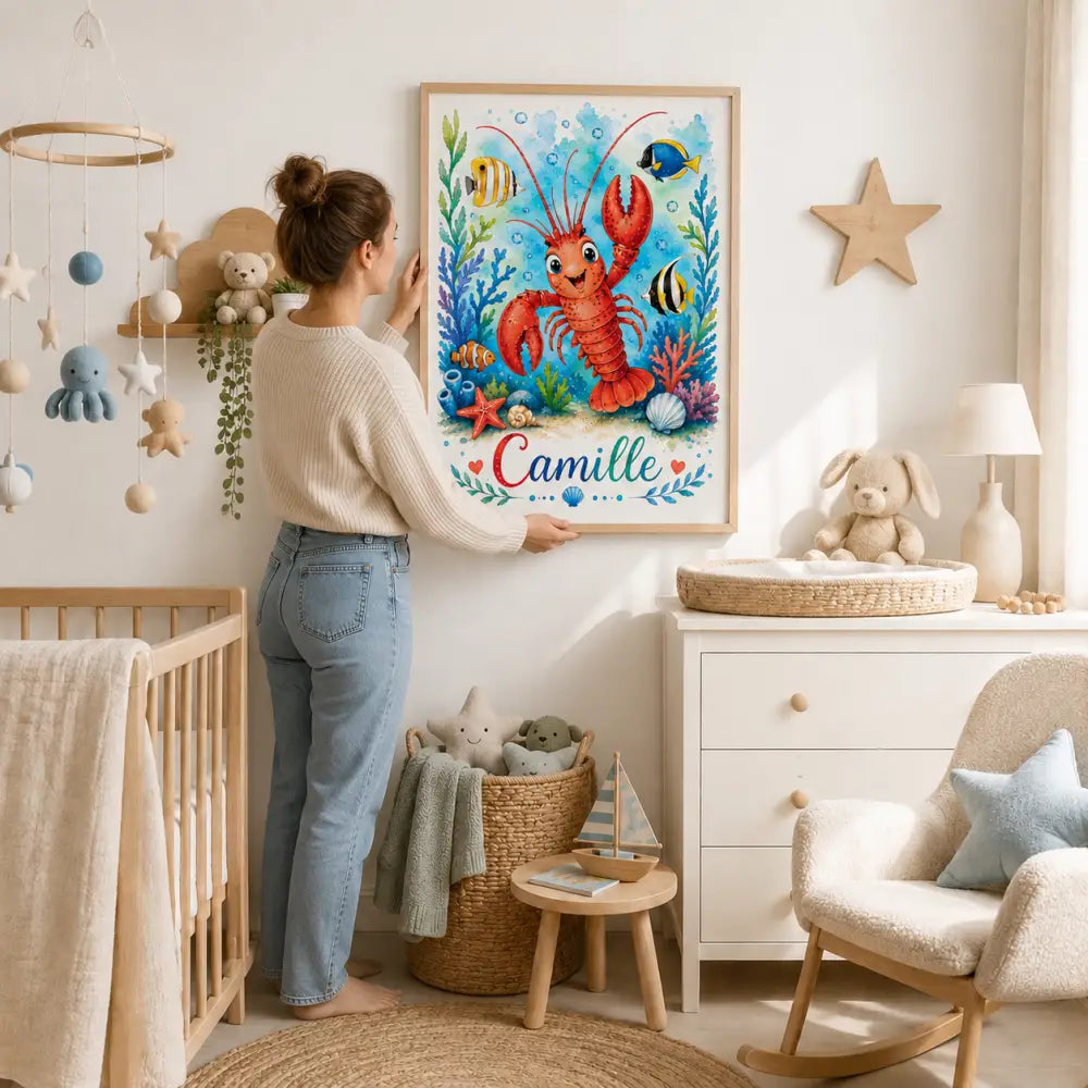 Affiche prénom personnalisée enfant univers marin avec illustration homard rouge
