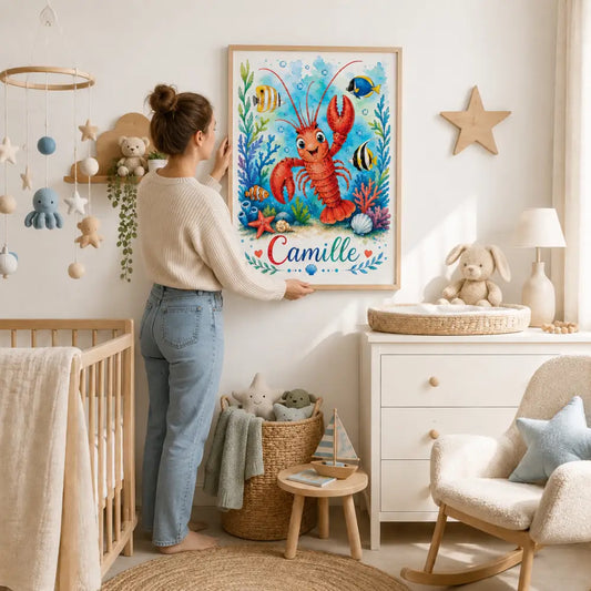 Affiche prénom personnalisée enfant univers marin avec illustration homard rouge
