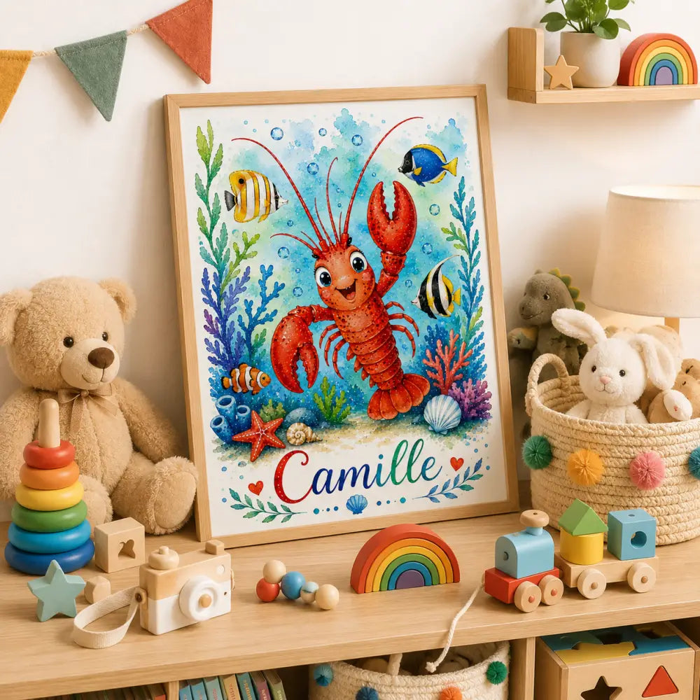Affiche prénom personnalisée enfant univers marin avec illustration homard rouge cadre bois cadeau naissance original