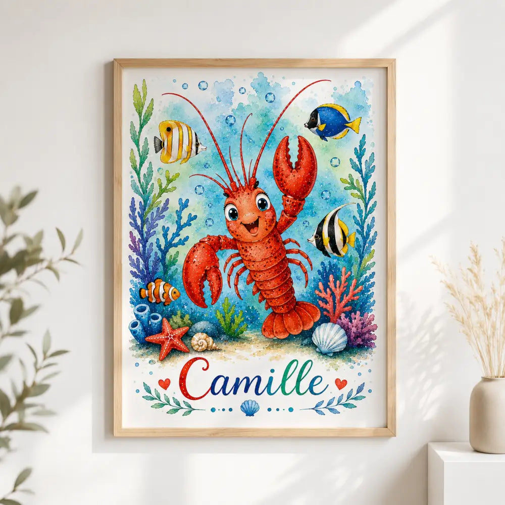 Affiche prénom personnalisée enfant avec homard rouge et décor marin idéale cadeau naissance original à imprimer en pdf