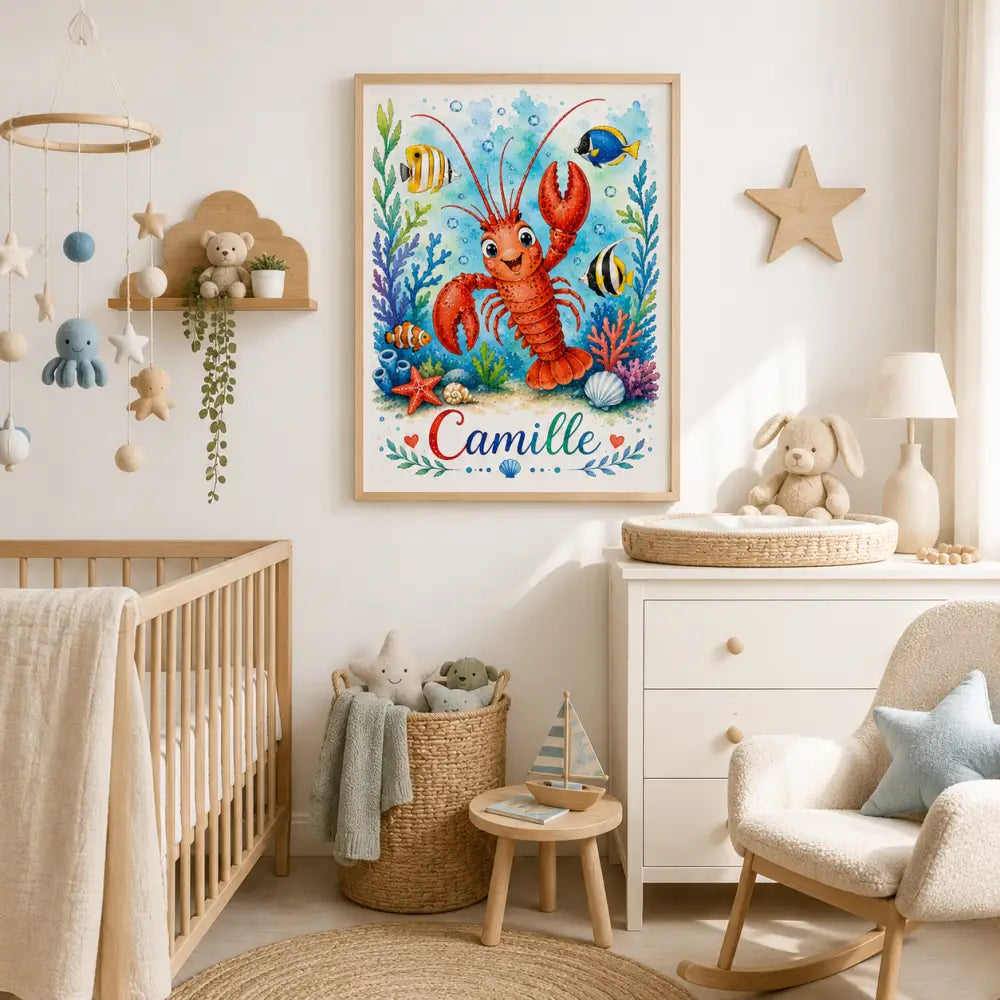 Affiche prénom personnalisée enfant avec illustration homard rouge vibrant cadre bois clair cadeau naissance original