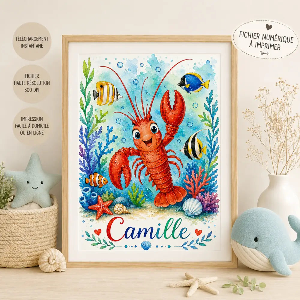Affiche prénom personnalisée enfant univers marin avec homard rouge joyeux et nom camille idéale cadeau naissance personnalisée