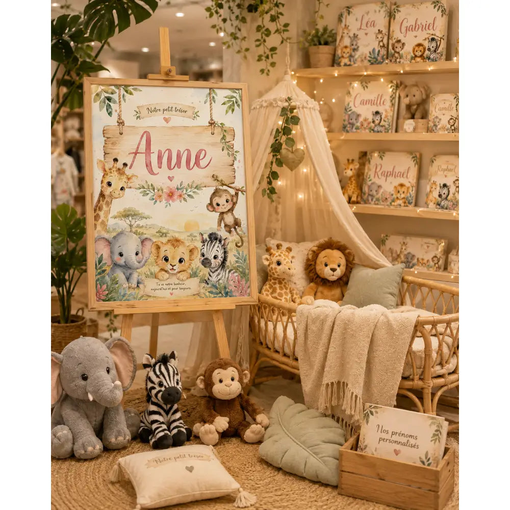 Un chevalet en bois charmant avec une pancarte de bienvenue personnalisée pour bébé aux couleurs pastel douces