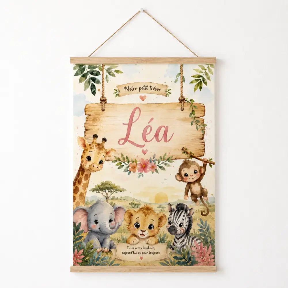 A charming wooden framed wall hanging hy with a rustic sign featuring the name léa in pink surrounded by jungle animals