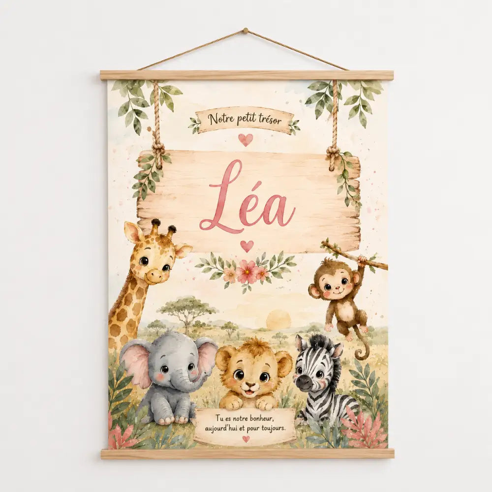 A charming wooden nursery wall hanging with safari animal watercolor and the name léa in pink script hy product