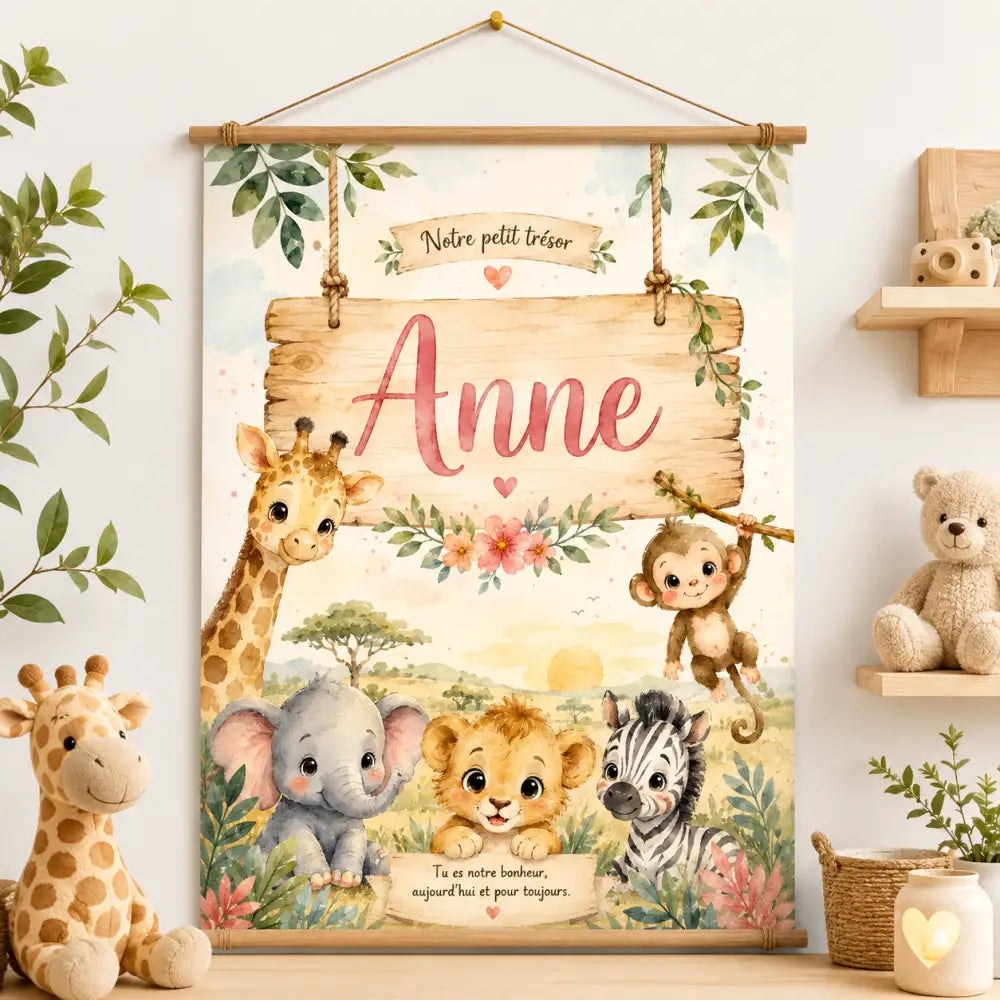 Hy panneau en bois personnalisé avec illustration safari aquarelle et prénom anne en écriture rose script