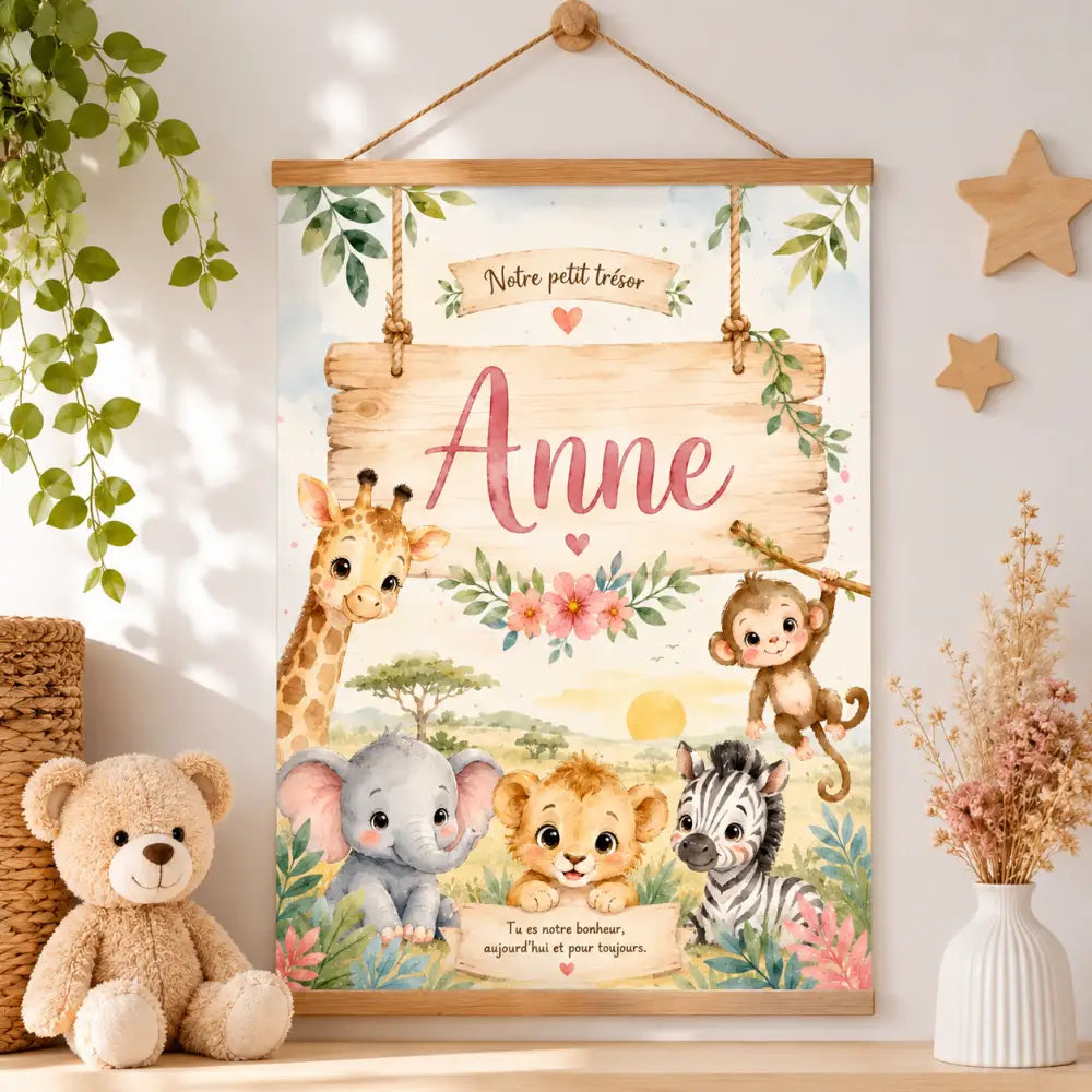 Poster mural personnalisé pour enfants en bois avec illustration aquarelle d’animaux et le prénom anne en rose