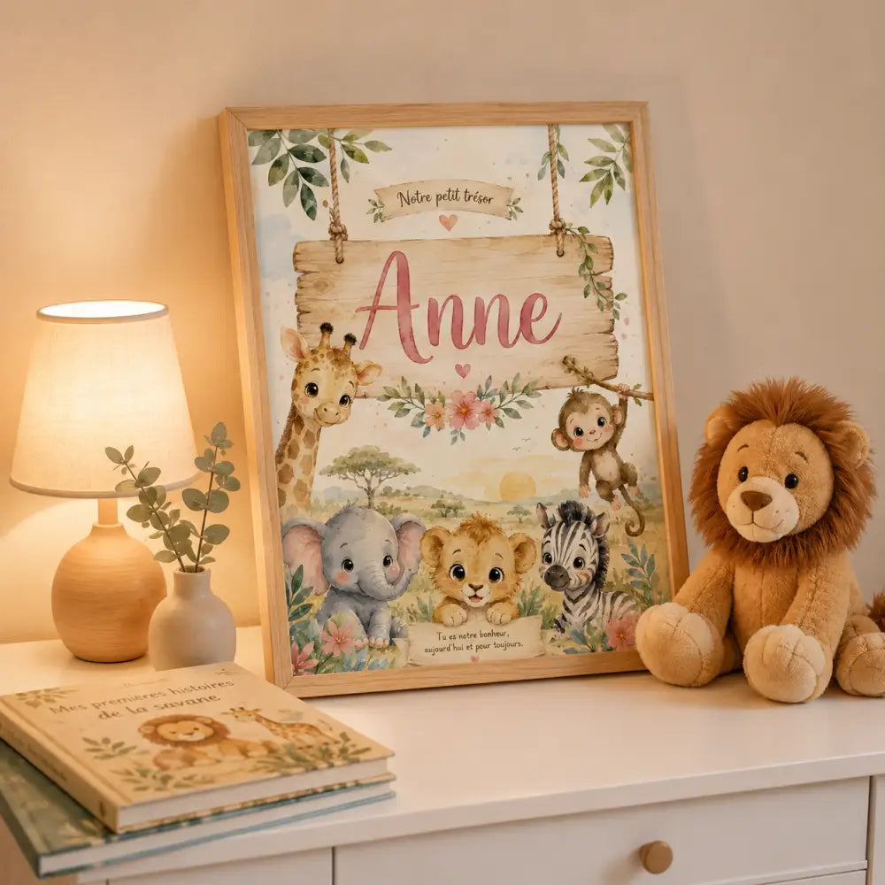 Hy panneau suspendu en bois personnalisé avec nom anne en rose et animaux de safari illustrés pour enfant
