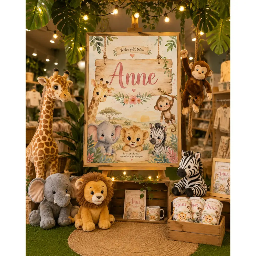Panneau en bois rustique avec design peint à la main montrant animaux cartoons et le nom anne en écriture rose cursive