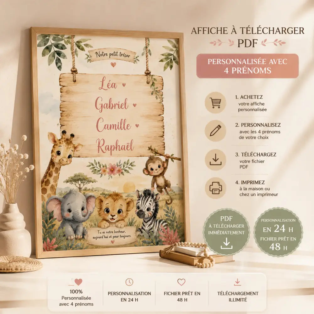 Affiche rustique en bois avec scène de jungle et animaux cartoon personnalisés 
