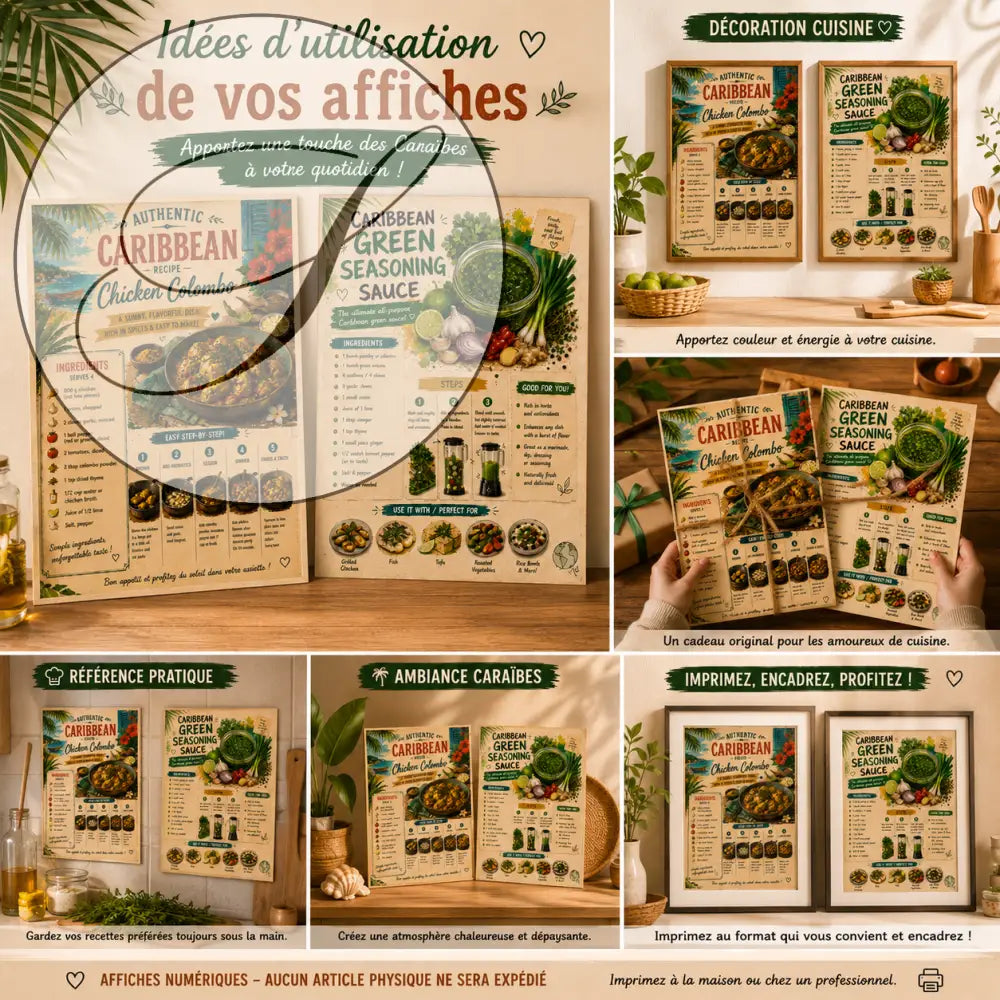 Lot de 2 affiches recettes caribéennes à imprimer avec illustrations tropicales colorées et instructions de cuisine détaillées sur fond beige