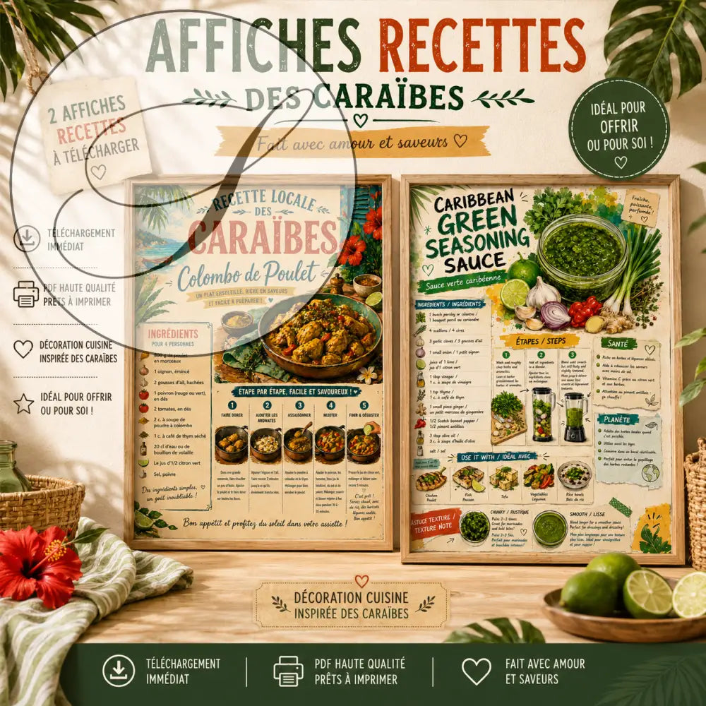 Lot de 2 affiches recettes caribéennes à imprimer avec texte vert et orange illustrant colombo de poulet et sauce verte caribéenne