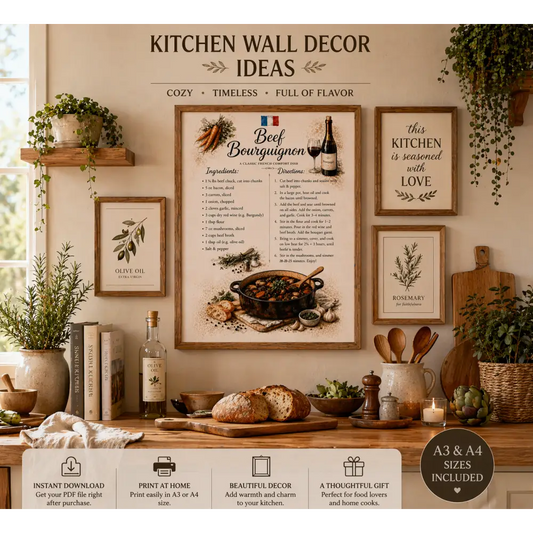 Affiche recette bœuf bourguignon avec illustration dans cadre en bois rustique sur fond beige pour décoration murale cuisine française