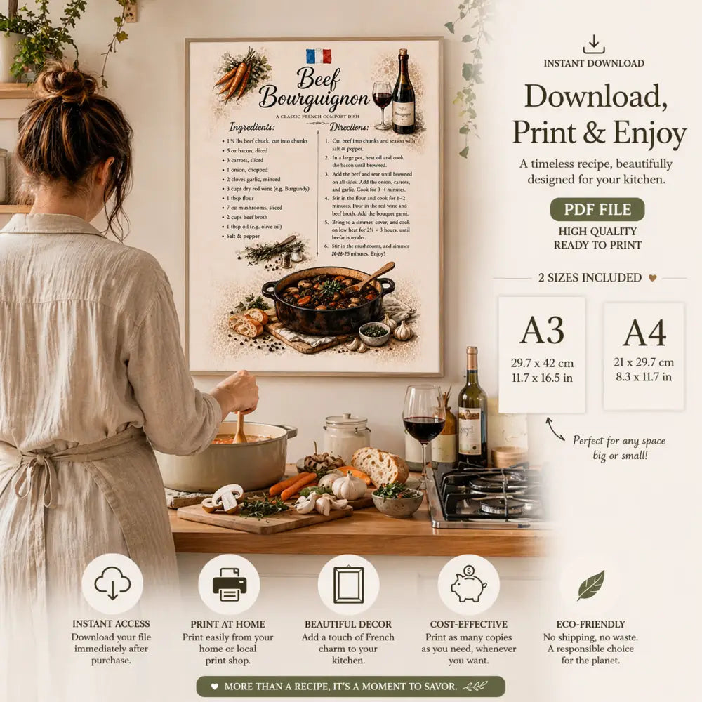 Affiche cuisine bœuf bourguignon avec illustration rustique pot vin ingrédients sur fond beige pour décoration murale