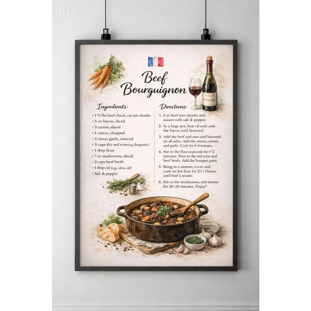 Affiche cuisine bœuf bourguignon avec illustration des ingrédients et recette encadrée noir pour décoration murale française