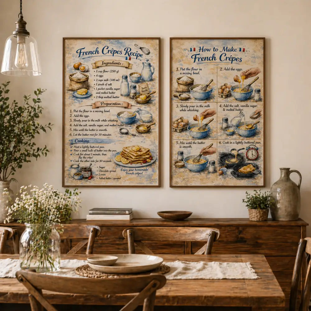 Deux affiches cuisine design vintage avec étape recette pâte à crêpe facile idéale pour décoration murale cuisine