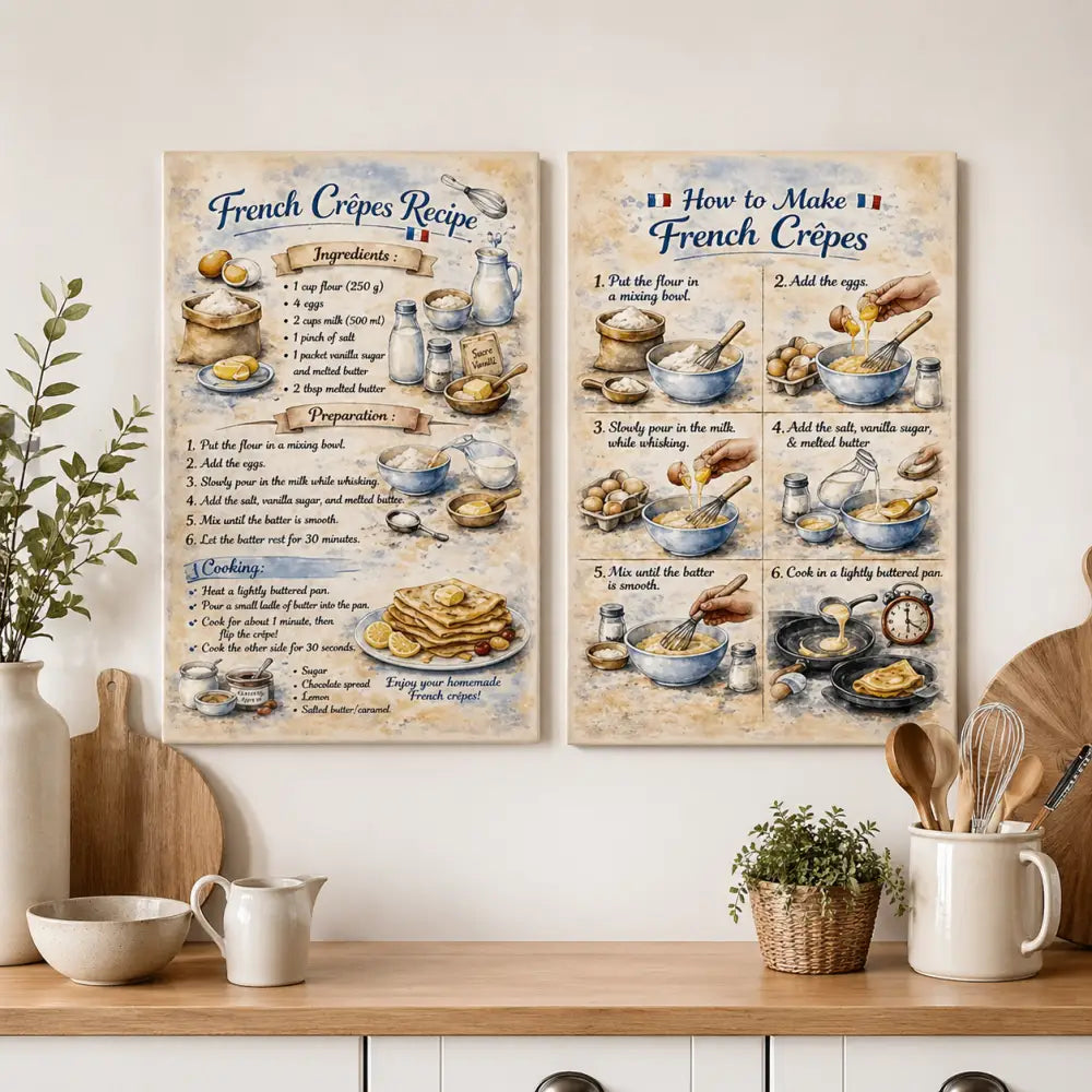 Deux affiches recette crêpe vintage avec instructions et ingrédients parfaites pour décoration murale cuisine
