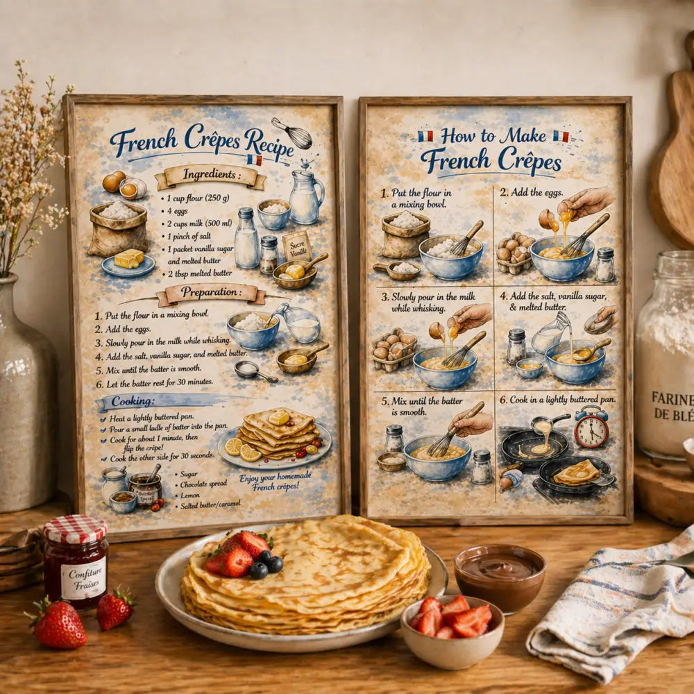 Deux affiches recette crêpe style vintage bleu beige pour décoration murale cuisine et déco murale authentique