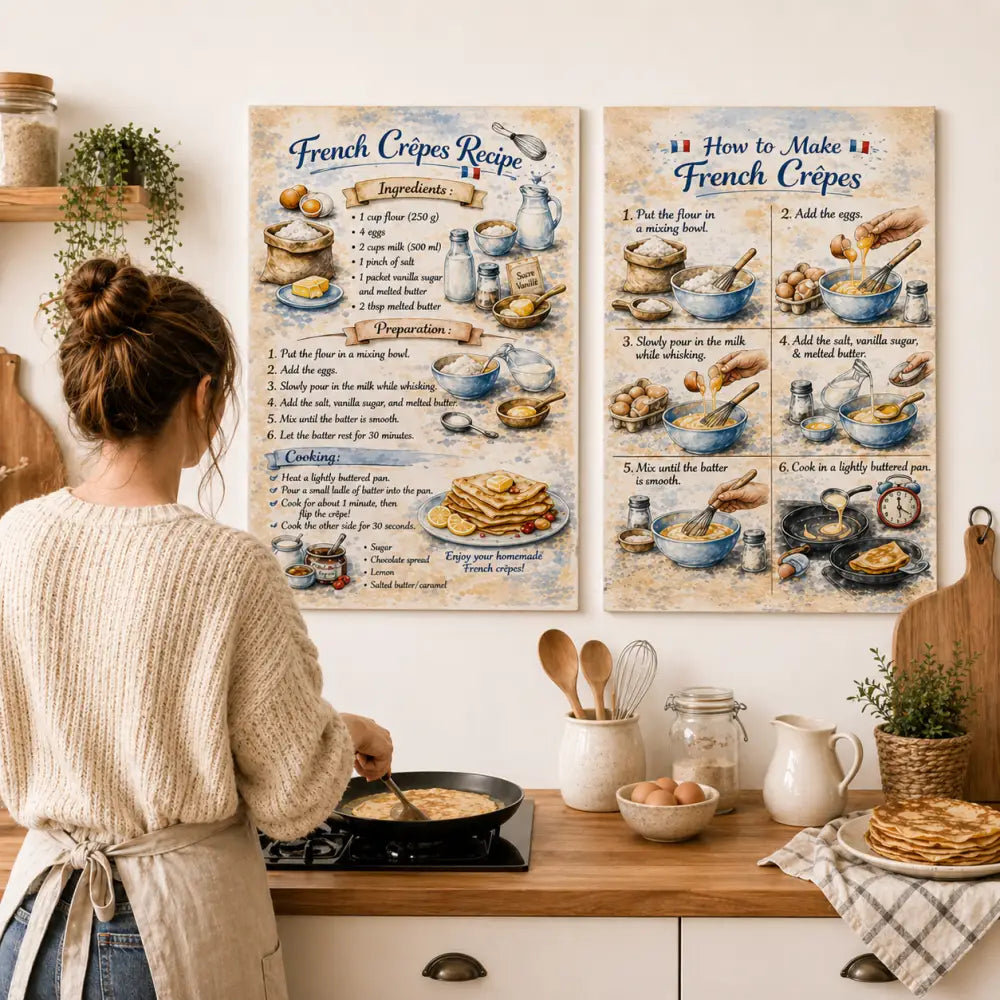 Affiche recette crêpe vintage avec étapes et ingrédients illustrés pour décoration murale cuisine pratique et design