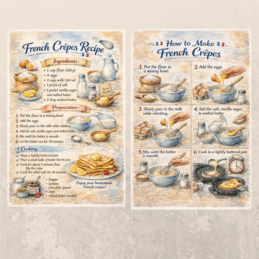 Affiche recette crêpe vintage avec ingrédients illustrés et étapes pour une décoration murale cuisine facile et élégante