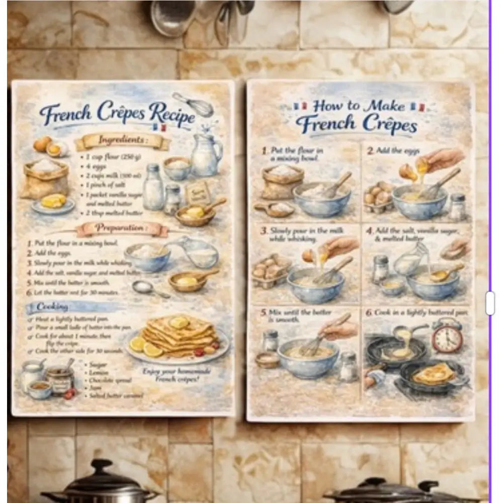 Affiche cuisine design recette crêpe avec ingrédients illustrés et étapes de cuisson simple pour décoration murale vintage