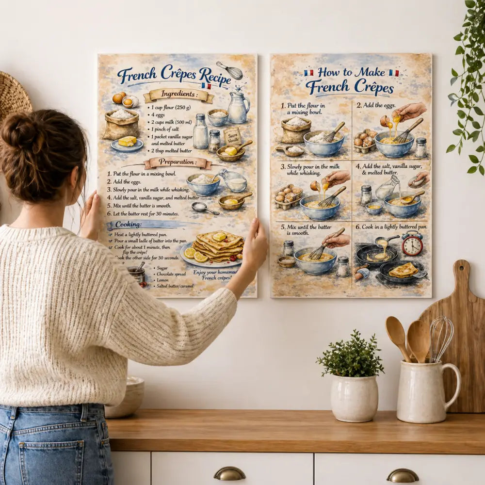 Affiche recette crêpe vintage sur papier parchemin avec étapes illustrées idéale pour décoration murale cuisine