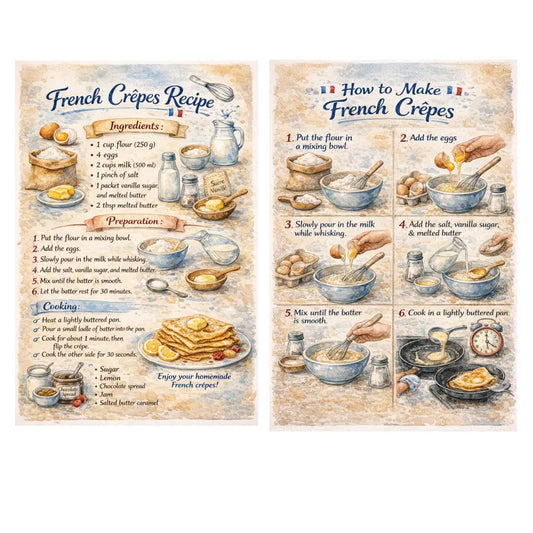 Affiche recette crêpe vintage en style aquarelle avec étapes illustrées pour décoration murale cuisine facile