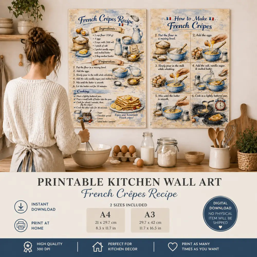 Affiche recette crêpe vintage avec étapes illustrées et ingrédients pour une décoration murale cuisine élégante