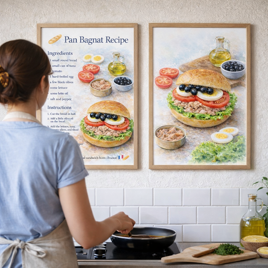 Affiche recette complète Pan Bagnat en aquarelle – Décoration cuisine méditerranéenne 