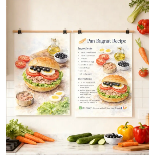 Décoration murale cuisine avec affiche recette Pan Bagnat aquarelle