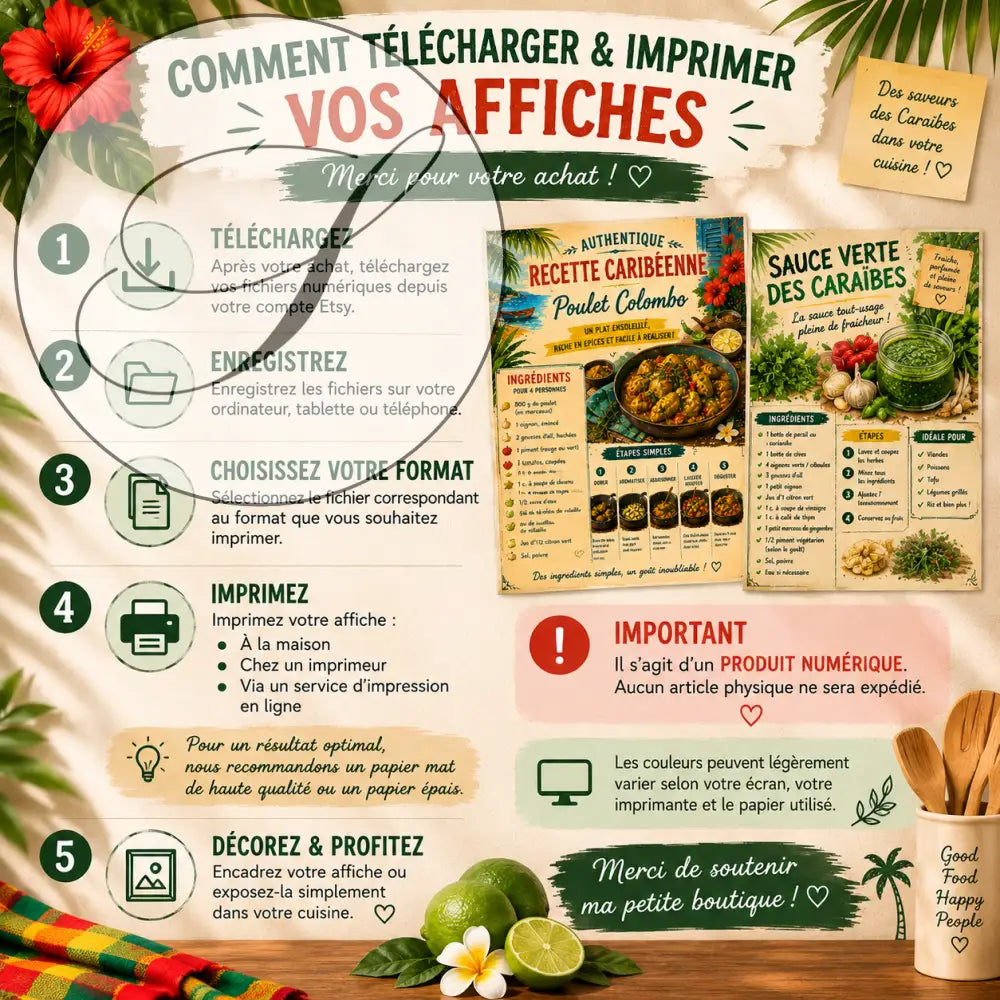 Lot de 2 affiches recettes caribéennes à imprimer avec texte vert et rouge et fond tropical avec images de plats