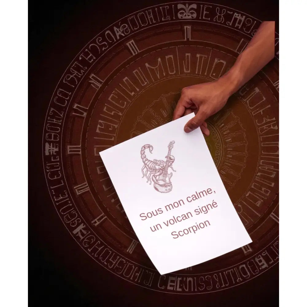 Affiche signe astrologique scorpion en papier blanc avec illustration rouge marron et texte en français décoration murale idée cadeau anniversaire