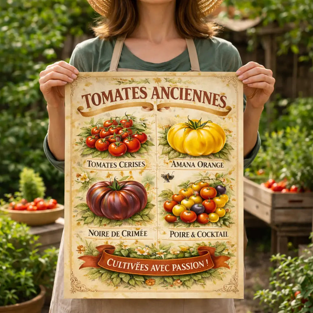 Poster mural cuisine avec illustration artistique de tomates anciennes rouges et jaunes