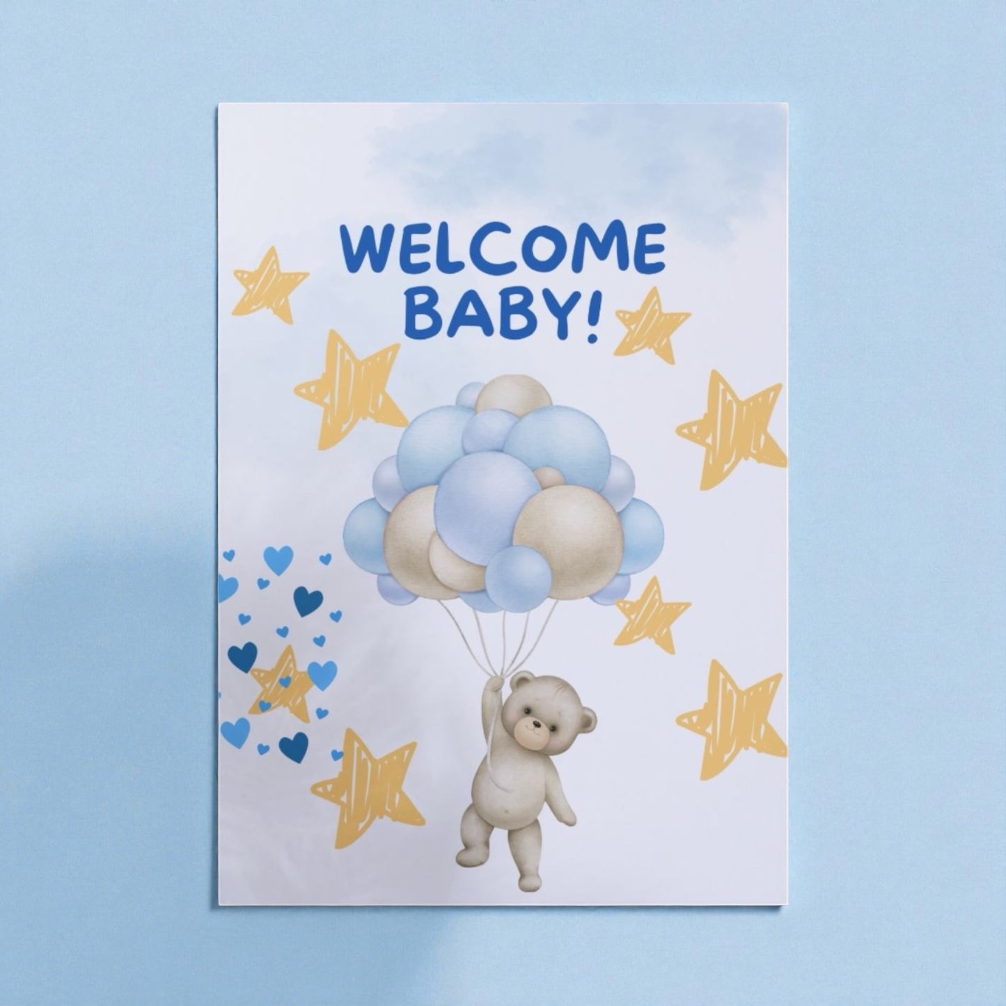 Affiche Welcome Baby format A4 posée dans une chambre de bébé, décoration murale 