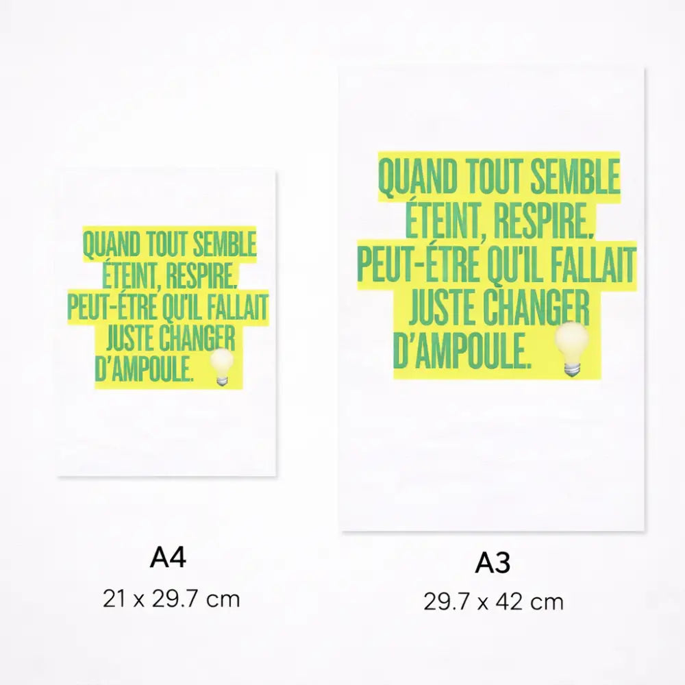 Affiches a4 et a3 avec texte vert sur fond jaune et illustration ampoule pour décoration murale motivation et poster inspirant