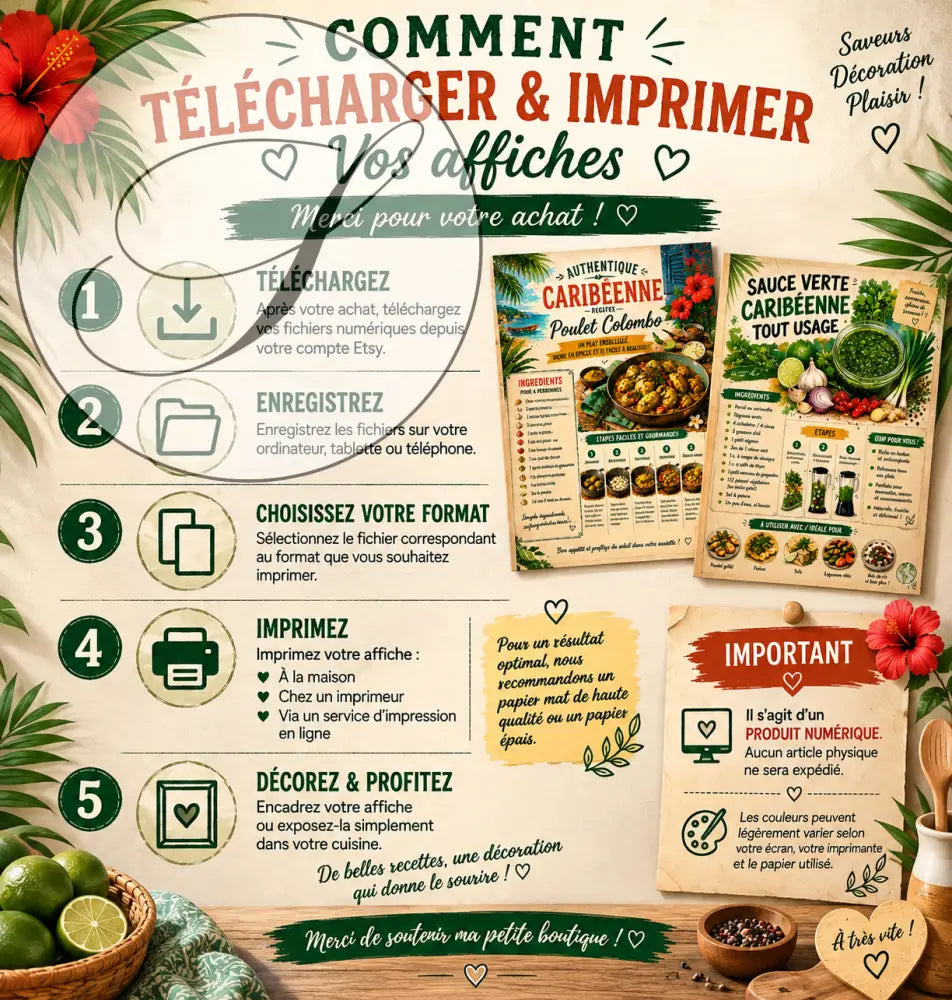 Lot de 2 affiches recettes caribéennes à imprimer avec illustrations alimentaires détaillées et accents verts et rouges vibrants