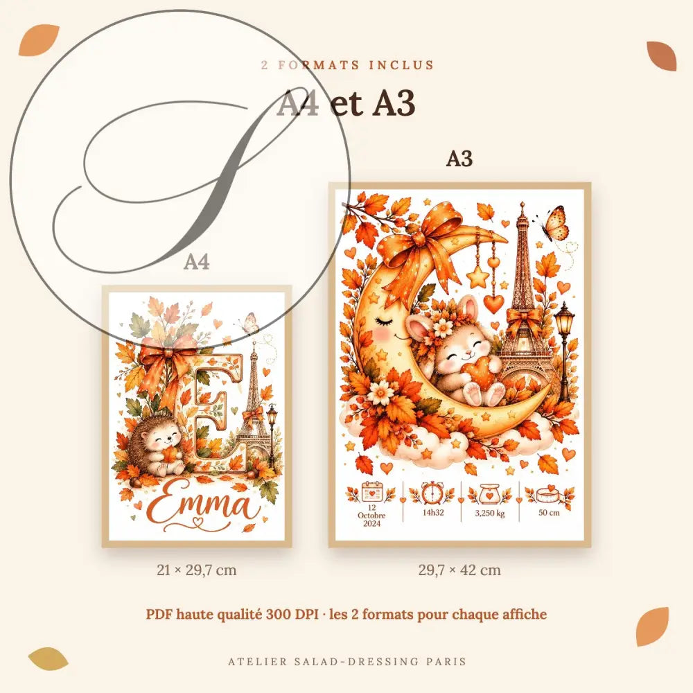 Cadeau naissance à imprimer : affiches personnalisées en format A4 21 x 29,7 cm et A3 29,7 x 42 cm, PDF 300 DPI