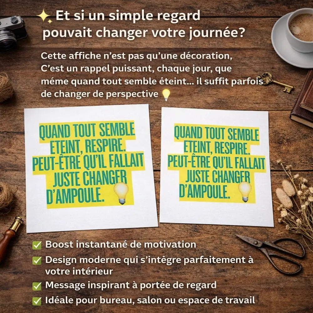 Deux posters inspirants blancs avec texte vert et jaune et graphique ampoule pour décoration murale motivation