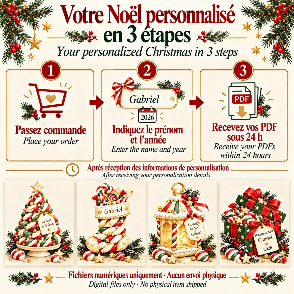 Votre Noël personnalisé en 3 étapes : prénom et année, fichiers PDF reçus sous 24 h
