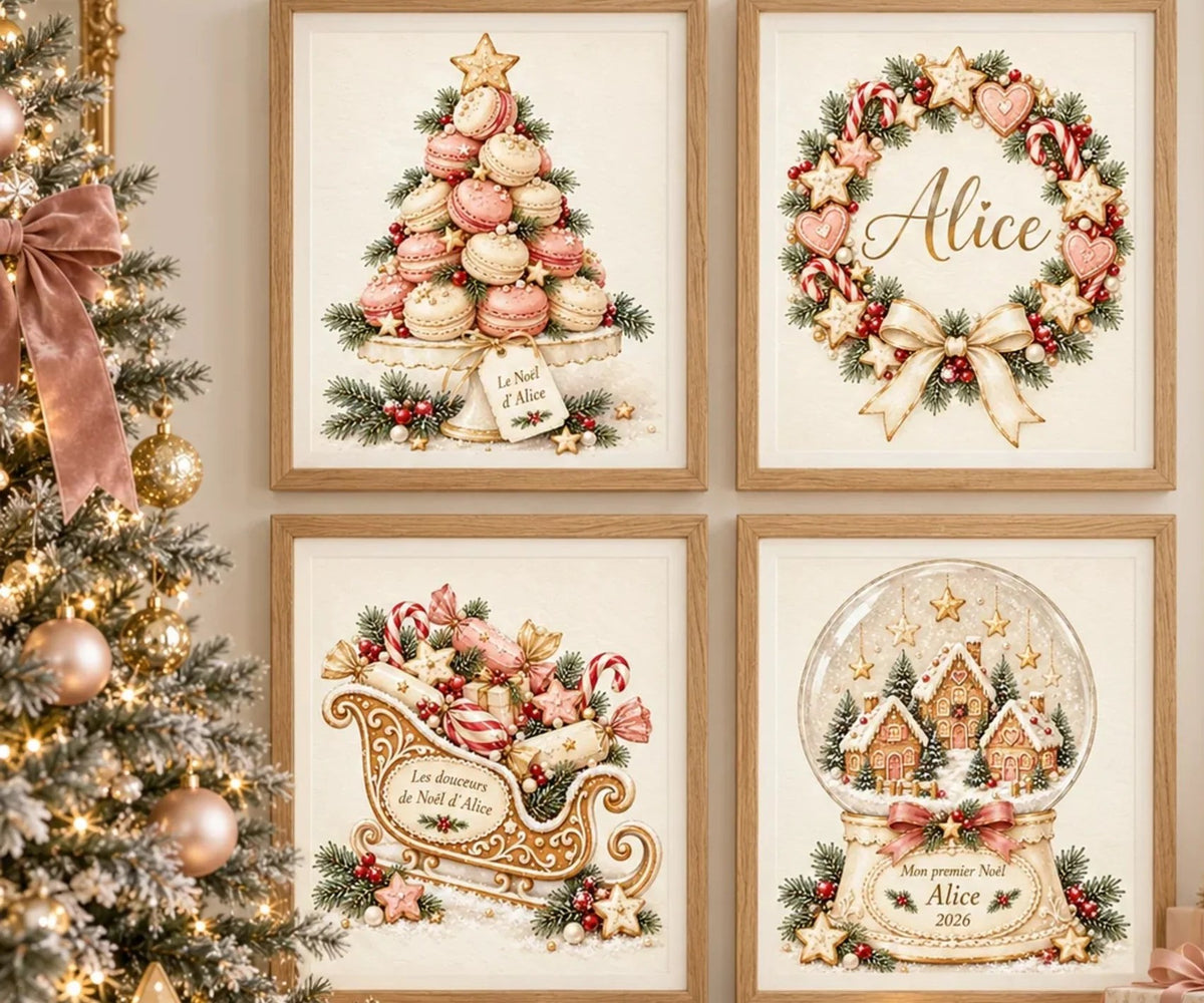 Affiches de Noël personnalisées roses et dorées : sapin de macarons, couronne au prénom, traîneau et boule à neige Mon premier Noël