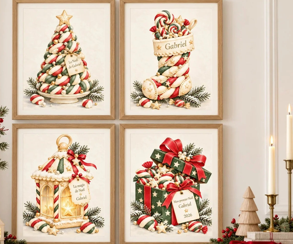 Affiches de Noël personnalisées au prénom de l'enfant : sapin, chaussette, lanterne et cadeau rouge et vert encadrés